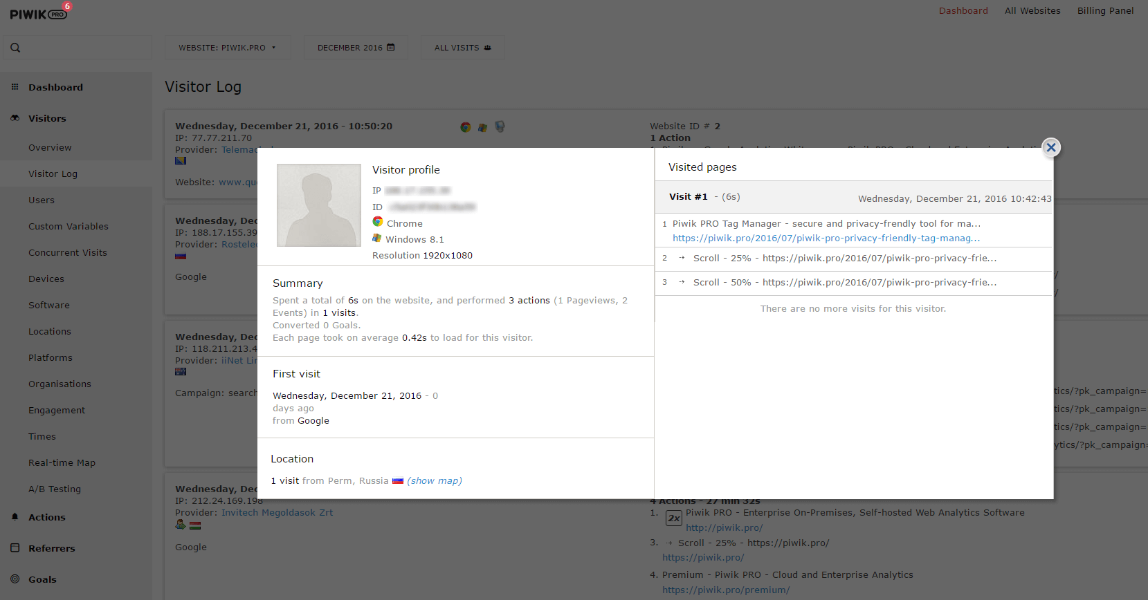 Piwik PRO Visitor Log Report