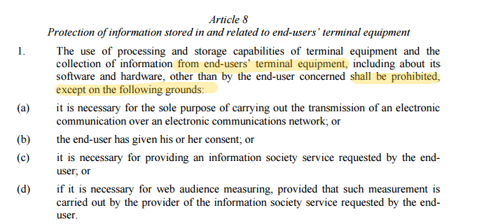 Read Art. 8 of the New ePrivacy Regulation