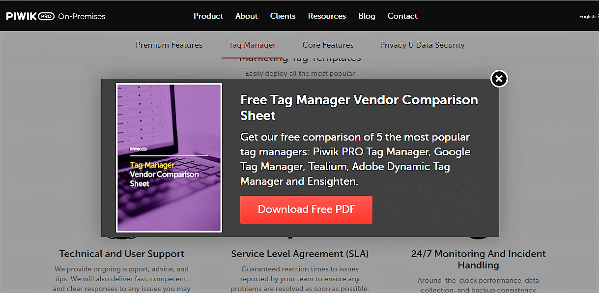 Piwik PRO Free Tag Manager Vendor Comparison Sheet popup.