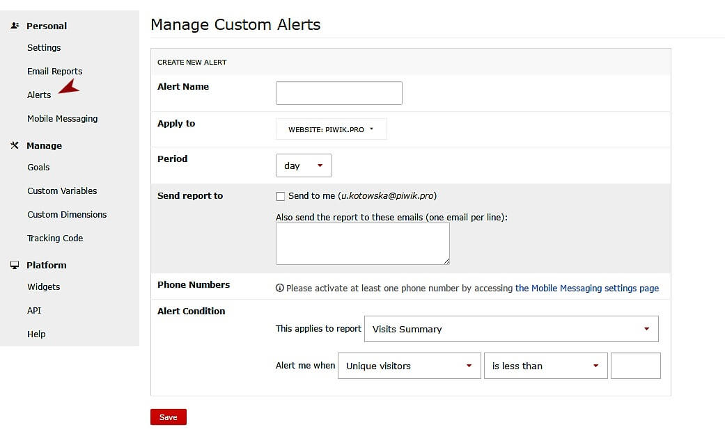 Setting alerts in Piwik PRO