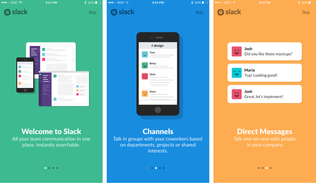 Sample onboarding screens from Slack